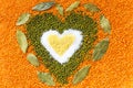 Heart shape made of mixed wheat grains, salt, green mung beans,