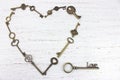 Heart shape made with old antique keys. Valentines day concept