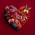 Heart. Love. Heart shape made out of flowers, orchids, herbs and leaves on red background Royalty Free Stock Photo