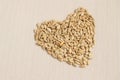 The heart shape is made of peeled sunflower seeds, a composition on a light background of fabric, a sign of love, agriculture