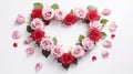 The heart shape made of pink and red rose flowers on a white background. Generative AI Royalty Free Stock Photo