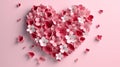 Heart shape made of pink and white flowers on pink background, valentines day concept. Generative AI Royalty Free Stock Photo