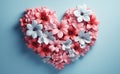 Heart shape made of pink and white flowers on pink background, valentines day concept. Generative AI Royalty Free Stock Photo