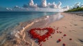 Heart shape made of red rose petals on a sandy beach with gentle waves and a blue sky. A romantic and serene scene perfect for Royalty Free Stock Photo