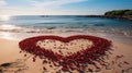 Heart shape made of red rose petals on a sandy beach by the ocean, creating a romantic and serene scene with waves gently crashing Royalty Free Stock Photo