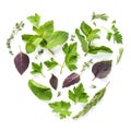 Heart shape made of various fresh herbs on white background Royalty Free Stock Photo