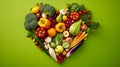 Heart shape made by various vegetables and fruits a vibrant green backdrop, AI-generated Royalty Free Stock Photo