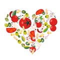 Heart shape with Mediterranean icons. Ingredients - tomato, olive, onion, pepper, mushroom, pasta, cheese,chili,garlic