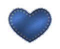 Heart shape patch of blue jeans denim texture. Realistic sturdy cotton twill fabric of jeans label