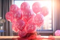 Heart shape pink balloons. Valentine's Day or Mother's Day elements against blue sky background