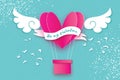 Heart shape Pink hot air balloon flying. Love in paper cut style. Origami heart and angel wings. Winged heart. Happy Royalty Free Stock Photo