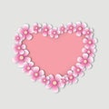 Heart shape and pink and white flowers on gray background. Valentine or wedding, Mother day and birthday concept Royalty Free Stock Photo