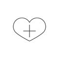 Heart shape with plus sign linear icon. Add to favorites. Thin line illustration. Bookmark. Contour symbol. Vector isolated outlin