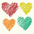 Heart shape retro color art strokes crayon hand drawing set. Group of Valentine day funny love heart.