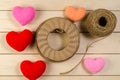 Heart shape with roll of twine cord on blank wooden board , vale Royalty Free Stock Photo