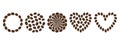 Heart shape and Round Backgrounds and Frames Borders Made of Coffee Beans Big Set Design elements Royalty Free Stock Photo