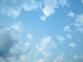 Heart shape space blue sky horizontal with beautiful puffy fluffy clouds in spring evening, abstract nature background Royalty Free Stock Photo