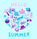 Heart shape with summer objects. Beach items in simple style.Hello summer lettering.