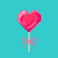 Heart shape sweet candy pixel art love symbol red sweet lollipop on stick with ribbon bow isolated vector illustration for games, Royalty Free Stock Photo