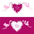 Heart shape template. Flower wreath banner for valentine day. Love is in the air. Pink cute flamingo Royalty Free Stock Photo