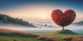 red heart shape tree on green hill. Love symbol, concept for Valentine s Day, wedding etc Royalty Free Stock Photo