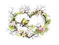 Heart shape with twigs, spring flowers, leaves and two birds. Watercolor floral wreath for wedding Royalty Free Stock Photo