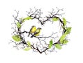 Heart shape with twigs, spring leaves and two birds. Watercolor floral wreath for wedding Royalty Free Stock Photo