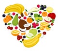 Heart shape by various fruits. Heart of coconut, pear, lime, raspberry, blackberry, apple, cherry, mandarin, banana, orange,