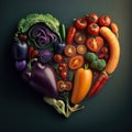 Heart shape by various vegetables and fruits. Healthy food concept. Ai generated art Royalty Free Stock Photo