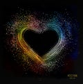 Heart shape vector rainbow color confetti glitter splash with heart frame inside for text. Vector black background, multicolored Royalty Free Stock Photo