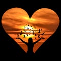 Heart shape with woman silhouette with birds flying
