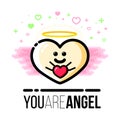 Heart shaped angel with wings holding gift. Saint Valentine Day greeting card. Flat line style icon. Royalty Free Stock Photo