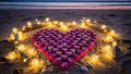 Heart-shaped arrangement on beach with lights Royalty Free Stock Photo