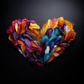 A heart-shaped arrangement of feathers, showcasing a variety of vibrant colors and patterns by AI generated