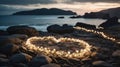 Romantic Heart-Shaped Lights on Rocky Beach at Sunset Royalty Free Stock Photo