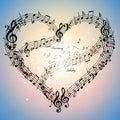 A heart-shaped arrangement of musical notes and treble clefs on Royalty Free Stock Photo