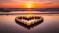 Heart-shaped arrangement of seashells on beach at sunset Royalty Free Stock Photo