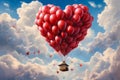 A heart-shaped balloon on a background of pink clouds and flower fields. Romantic love is a symbol of Valentine's