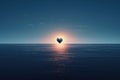 A heart shaped balloon buoyantly drifts amidst the vast expanse of the open ocean, A heart-shaped moon over a calm sea, AI