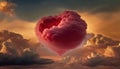 a heart shaped balloon floating in the sky with clouds in the foreground and a sunset in the background with clouds in the sky Royalty Free Stock Photo