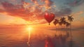 Heart Shaped Balloon Flying Over the Ocean at Sunset Royalty Free Stock Photo