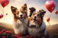 A heart shaped balloon symbolizes the bond between two affectionate collies