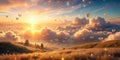 Heart-shaped balloons ascend above a sunlit landscape, drifting amidst fluffy clouds at sunset, creating a dreamy, romantic scene Royalty Free Stock Photo