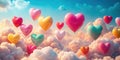 Heart-shaped balloons ascend amidst fluffy clouds in a vibrant sky, a whimsical scene of joyful celebration. Generative AI