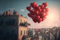 Heart-shaped balloons are flying over the roofs of houses in the sky