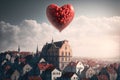 Heart-shaped balloons are flying over the roofs of houses in the sky