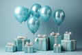 Heart shaped balloons and gift boxes on light blue backgroundHappy birthday and fathers day concept. Royalty Free Stock Photo