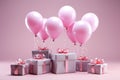 Heart shaped balloons and gift boxes for mothers and valentines celebration on pink background