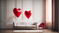 Heart-shaped balloons in the room, sofa style celebration home room february