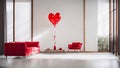 Heart-shaped balloons in the room, sofa style celebration home room event